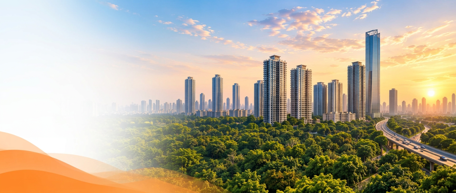 Contemporary high-rise skyline surrounded by dense greenery and urban roads